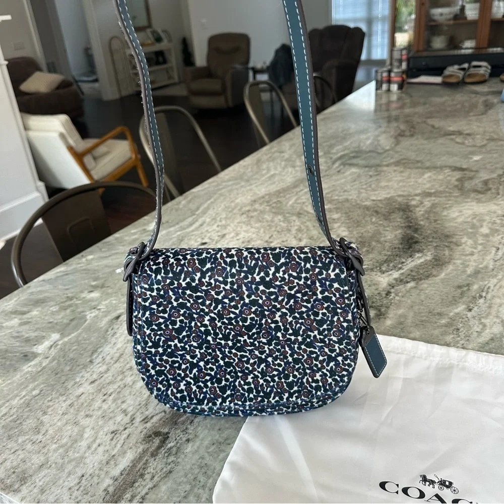 Coach Saddle 23 Blue and Pink floral calf hair crossbody Bag Rare NWT